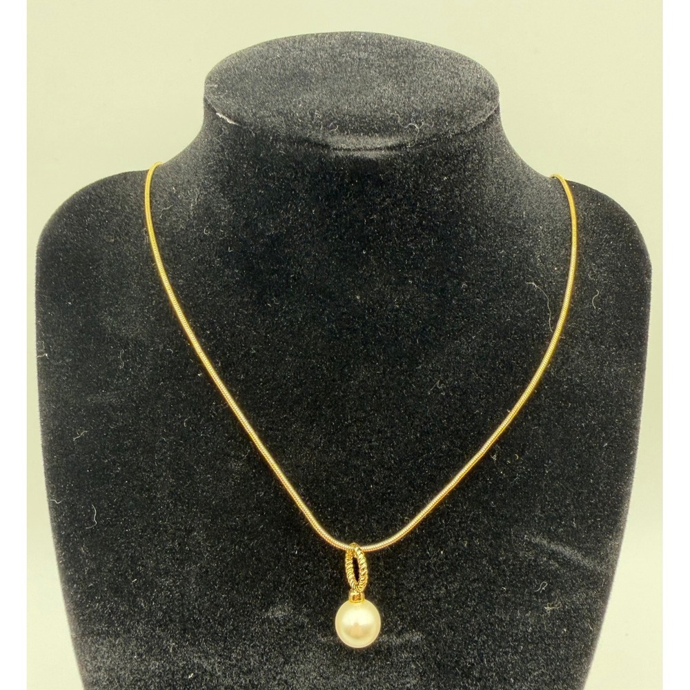 Talbots Gold Tone Snake Chain Necklace Faux Pearl Drop Pendant Logo Charm